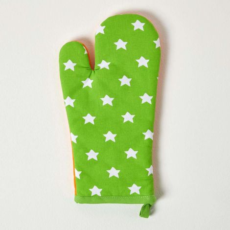 HOMESCAPES Orange and Green Stars Cotton Oven Glove (1/5)