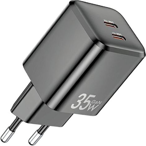 Cargador de pared Awei GaN Power Delivery de 35 W con 2 puertos USB-C, color negro.
