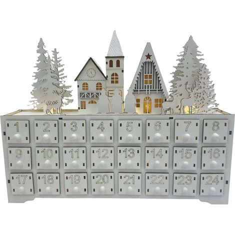 JSSEVN - Calendario de Adviento de madera con 24 cajones de almacenamiento independientes para la cuenta regresiva del pueblo, pequeñas sorpresas y decoración de cajones. (1/5)