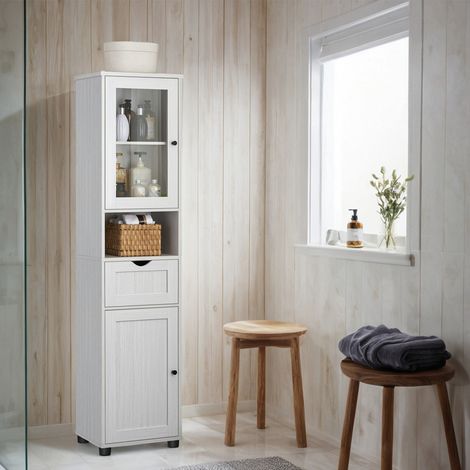 Colonne, Meuble Salle de Bain, Placards à Porte, Rangement avec Étagères Réglables, Tiroir, Compartiment, Gain de Place, Blanc (1/5)