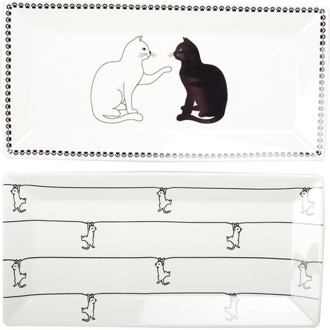 Lot de 2 Plateaux Rectangulaires en Céramique Motif Chat Noir et Blanc 32,5 x 15,5 cm - PANGIVO (1/5)