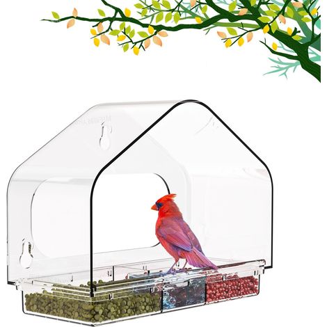 Fenster-Vogelfutterhaus mit starkem Saugnapf, Sichtfenster für Vögel, eichhörnchensicher, mit Abflusslöchern, herausnehmbarer Schublade und großem Fassungsvermögen für Vogelfutter – ideal für Vogellie