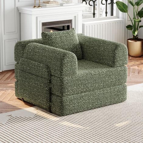 Fauteuil Convertible 2-en-1 - Rangement Accoudoir - Structure Acier - Design Modulaire - Tissu Chenille Vert