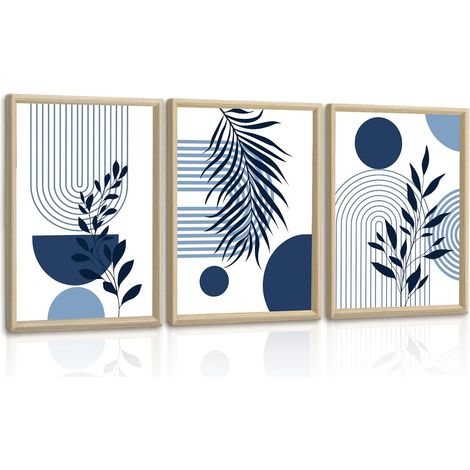 3 Pcs Boho Bleu Plante Lignes Impression Sur Toile Avec Cadre, Esthétique Rond Géométrie Tableau Decoration Murale Moderne Minimaliste Affiche Peintures Decoration Chambre Maison Bureau 30x40cmx3 (1/5)