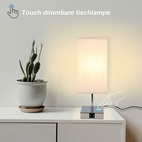GBLY 2er set Nachttischlampe Touch: Modern Dimmbar Tischlampe mit USB Anschlüsse Schlafzimmer Nachttisch Lampe mit Ladefunktion Bettlampe mit Stoffschirm Tischleuchte E27 für Hotel Bett Büro Flur
