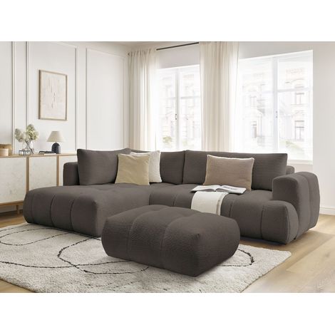 BOBOCHIC - Canapé d'angle L convertible FUJI tissu bouclette avec pouf Angle gauche Marron (1/5)