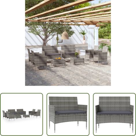 vidaXL Fauteuil extérieur -  Salon de jardin 8 pcs avec coussins résine tressée gris (1/5)
