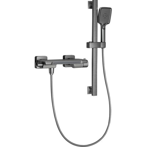 Colonne de douche murale pour baignoire avec robinet cascade, mitigeur bain-douche 2 fonctions, douchette à main 2 jets, barre réglable en hauteur 60 cm, corps en laiton gris, entraxe 135-165 mm (1/5)