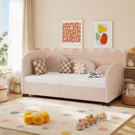 Letto estraibile per bambini 90x200 cm in legno e velluto rosa, salvaspazio FloraGrace (1/5)