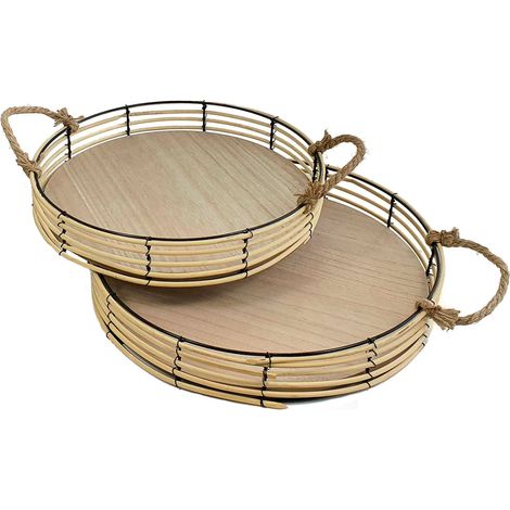 2er Set Bambus Tablett mit Tragegriffen - 41 / 36 cm - Rattan Optik Deko Küchentablett Badezimmertablett