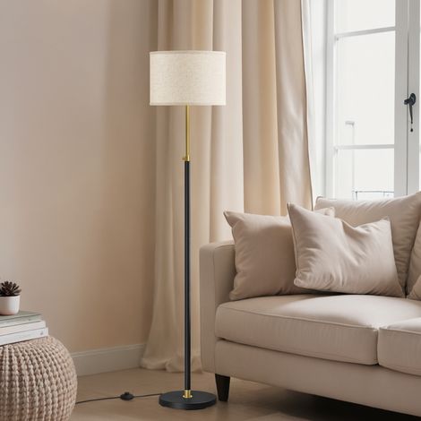 Lampe sur Pied, Douille E27, Hauteur Réglable de 140 à 170 cm, Interrupteur au Pied, Abat-Jour en Tissu, Doré et Noir (1/5)