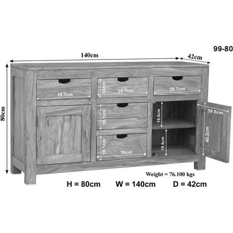 Massivmoebel24 – Buffet en acacia blanchi 140x42 cm – 3 tiroirs – Design naturel – Espace de rangement fonctionnel – Couleur white stone (1/2)