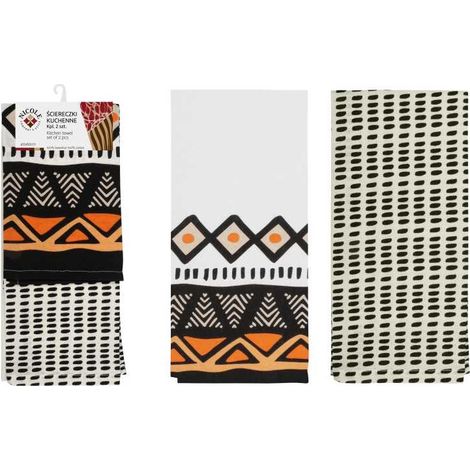 2 paños de cocina de algodón, marca Nicole, 40x60 cm, colores blanco, negro y naranja. Estampados con rombos, triángulos y líneas. (1/3)