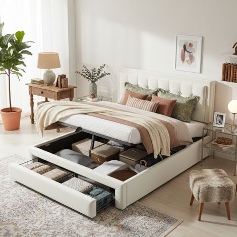 Lit rembourré 140x190 cm en velours beige avec tête de lit réglable, sommier à lattes et rangement (1/5)