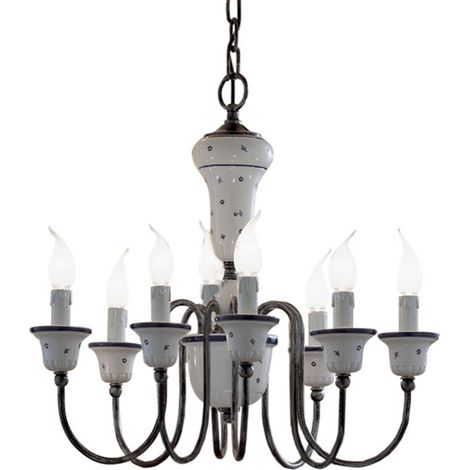 Lampadario Classico Sanremo Metallo E Ceramica Bianco Filo Blu 8 Luce E14 (1/4)