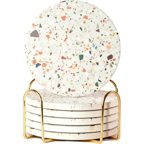 Lot de 6 Dessous de Verre absorbants avec Support en céramique pour Boissons, décoration de Table Basse, Dessous de Verre en Pierre Absorbant l'eau pour Boissons (marbre) (1/5)