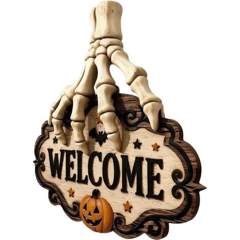 Panneau de bienvenue en forme de tête de mort d'Halloween, plaque de porte gothique plate en bois avec corde de suspension pour porche, mur, clôture décorative (S) (1/5)