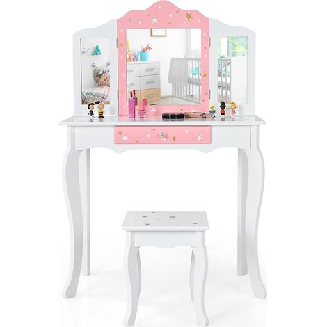 COSTWAY Set Mesa Tocador y Taburete para Niños, Mesa Maquillaje Infantil con Espejo Tripartido, Cajón con Imprenta de Estrellas (1/5)
