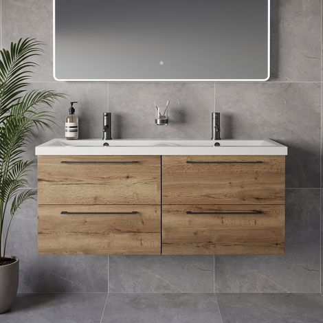 Napoli 390 Tobacco Oak 1200mm Wall Mounted 4 Drawer Vanity Unit with Double Glide Basins - 1200mm - Gunmetal Grey 320mm Handle