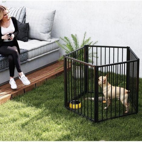 Parque plegable para perros de 5 paneles de acero negro con puerta, portátil (1/5)
