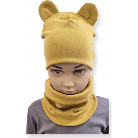 Set composto da cappello e sciarpa per bambini con orecchie, taglia 52-56, colore ocra. (1/5)