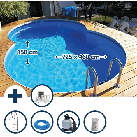 Stahlwandpool Set (10-teil) tief achtform Costa-Rica 725x460x150cm, Stahl 0,8mm weiß Folie 0,6mm bl. (1/5)