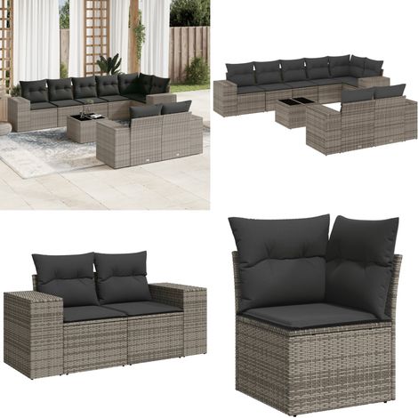 9-tlg. Garten-Sofagarnitur mit Kissen Grau Poly Rattan - Gartenmöbel Set - Rattan Möbel - Outdoor Lounge - Esstisch - Sofasatz - Home & Living (1/5)