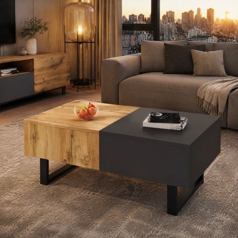 Tavolino da salotto allungabile 155x55x40 cm in legno naturale e antracite, con contenitore (1/5)