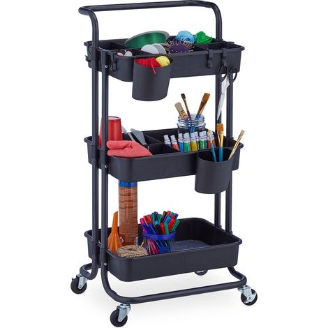 Relaxdays Rollwagen, 3 Etagen, 2 Bremsen, Allzweckwagen für Küche und Büro, Rollregal HBT: 86x43x42 cm, Metall, schwarz