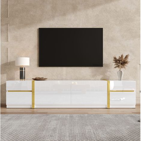 TV-Schrank MDF/PB Weiß Hochglanz mit goldfarbenen Details, 180 x 40 x 38 cm, 4 Schubladen und 2 Türen (1/5)