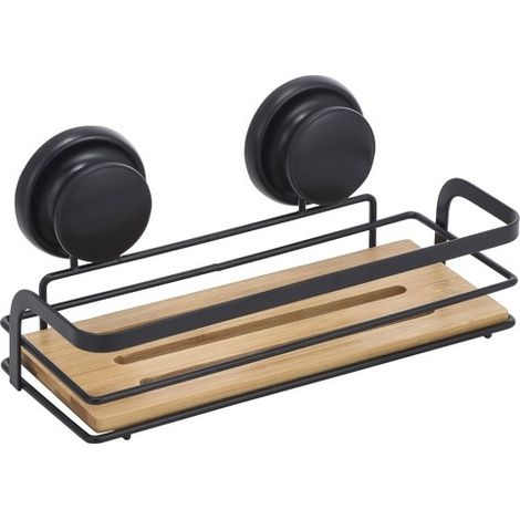 Estante Cesta de ducha con ventosas Acero y Bambú Negro mate MSV