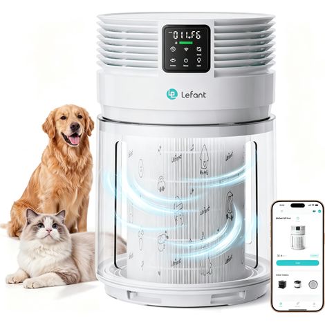 Lefant Purificateur d'Air, HEPA H13, CADR 350 m³/h, jusqu'à 108 m², Élimine 99,97% des Particules et Allergènes, Anti-fumée/Poils/Poussière/Pollen, Filtration 360°, Capteur PM2.5 Intégré, App
