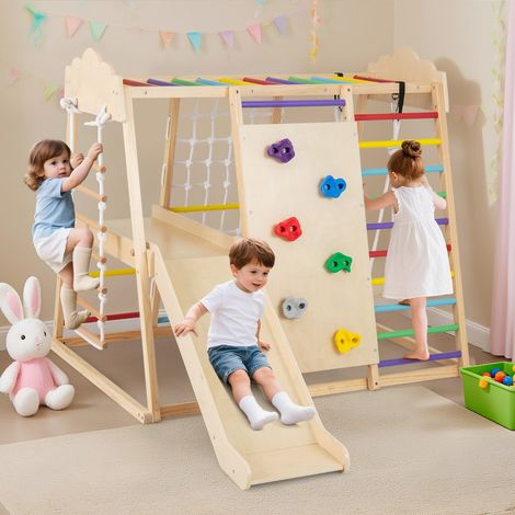 Gymnase Intérieur 8-en-1 pour Enfants Jouets d'Escalade en Bois Montessori avec Barres à Singe Toboggan Balançoire pour 3+ Ans Coloré (1/2)