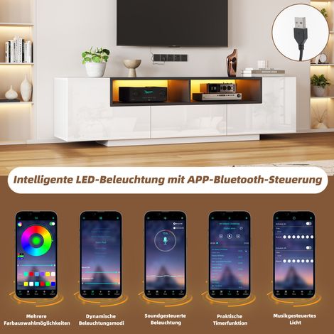 Meuble TV 180x40x48cm, console TV avec LED et tiroirs, forme en L, blanc brillant et noir, support pour téléviseur 75 pouces, armoire salon moderne. (1/5)