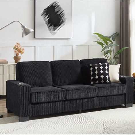 Canapé 3 places en tissu côtelé 206 cm avec porte-gobelets intégrés, noir DESVIAE (1/5)