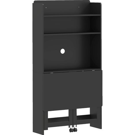Bureau informatique avec étagères - 80x69x155 cm, noir - Plateau rabattable, 2 roulettes - Pour chambre, salon - Design pratique et gain de place (1/5)