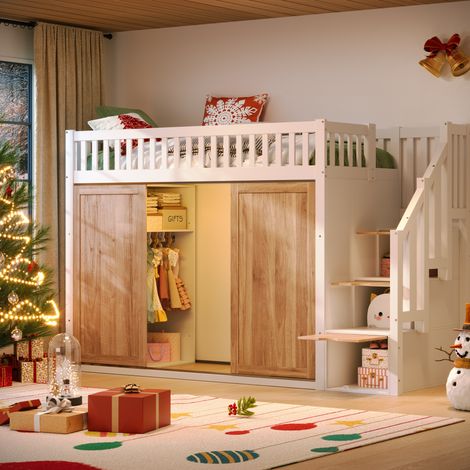 Kinder-Hochbett 90x200 cm mit Schrank und Treppe, Weiß und Eiche HAVRYA (1/5)