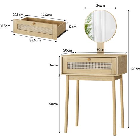Une coiffeuse en rotin avec miroir, une coiffeuse compacte pour la chambre et une jolie coiffeuse adaptée aux petites pièces (sans chaises). (1/4)