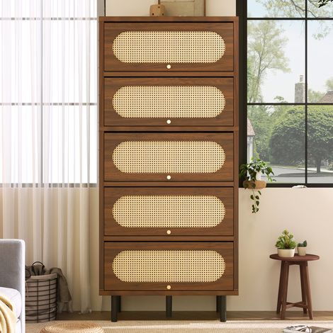 Aparador con 5 Puertas Abatibles y Detalles de Ratán, Patas Altas Regulables, Salón, 80 × 40 × 163 cm, Madera, Nogal (1/5)
