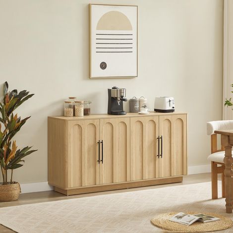 Buffet bajo de almacenaje, aparador para salón y comedor, diseño MDF con frontal arqueado y 4 puertas con bisagras amortiguadas, Roble (1/5)
