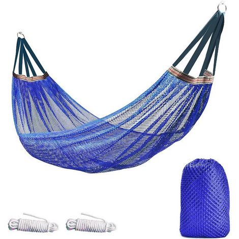 Hamaca, 260 x 130 cm, Hamaca portátil para camping, Silla colgante transpirable de poliéster para jardín, balcón, camping, Azul (1/5)