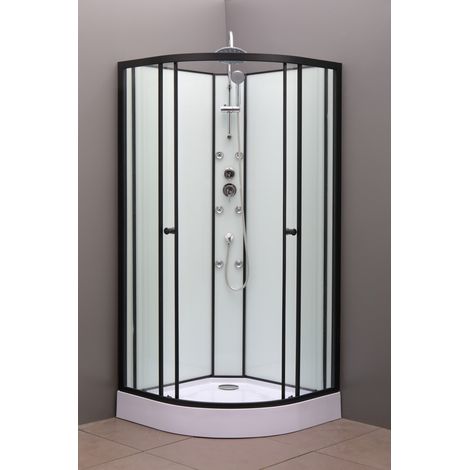 Sanitaire – Cabine de douche 1/4 de rond 90x90 cm – Aluminium laqué noir mat – Portes coulissantes en verre sécurit – Douche hydromassante (1/6)