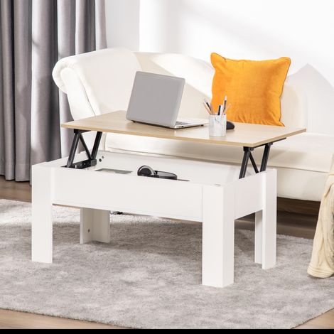 Tavolino da caffè con piano sollevabile e vano portaoggetti nascosto, 100x50x45-58,5 cm, bianco e naturale. (1/5)
