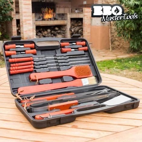 Outils pour barbecue - Kit BBQ Master - 18 pièces - Acier inoxydable - Bois - Sac pratique-AquaForge