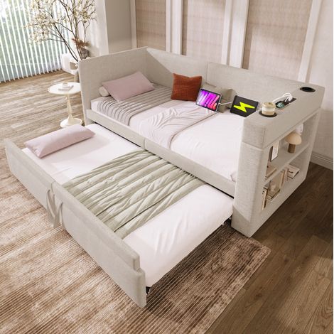 Tagesbett 90x200 cm mit Ausziehbett, USB-/Typ-C-Anschlüssen, Becherhaltern, beige OKMYHOME (1/5)