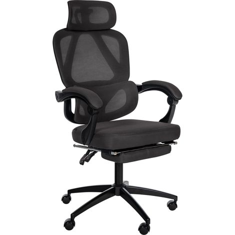 Sedia da ufficio ergonomica con poggiatesta regolabile, supporto lombare e poggiapiedi allungabile in rete nera BUR10706