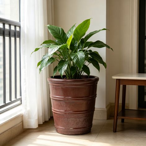 Pot céramique artisanal Ø40,5 cm, brun rouge brillant, rainures horizontales, respirant, antigel, drainage, pour grandes plantes, balcon urbain et jardin. (1/5)