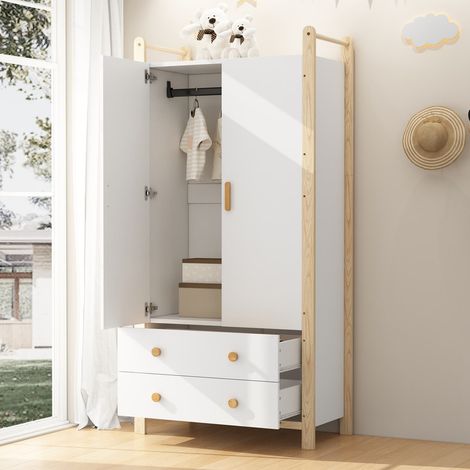 Armoire 2 portes 90 x 45 x 180 cm, meuble de rangement avec penderie et 2 tiroirs – idéale pour chambre, salon et couloir