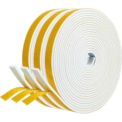 Joint adhésif Porte entree Fenetre 3 rouleaux 12mm x 3mm x 5m Joint Isolation en Mousse Caoutchouc Joint Antichoc Contre courants d'air Protection Meuble Mur Poignée -Mousse blanc film jaune (1/5)