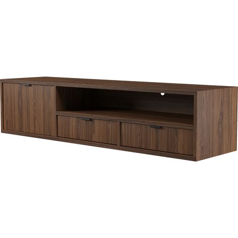 Mobile TV Sospeso Moderno Con 2 Cassetti 1 Anta A Ribalta E Vano A Giorno Con Passacavo Struttura In Melaminico Per Soggiorno Design Contemporaneo 150 X 35 X 40 Cm Noce (1/5)